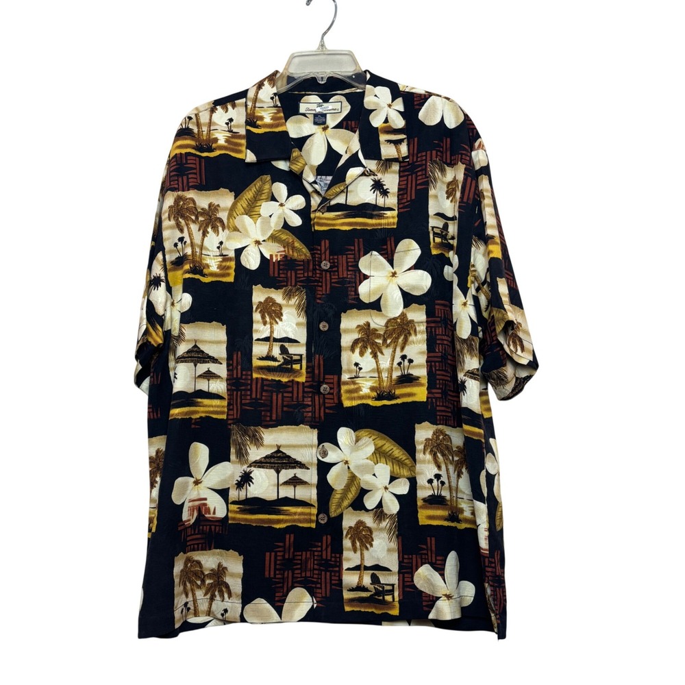 Tommy Bahama Silk Camp Shirt Mens XL Black Tropical Postcard Floral Hawaiian